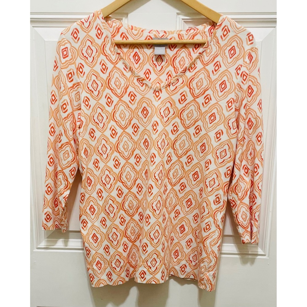 Chico's V Neck 3/4 Sleeve Top Womens Size M Orange Pattern Geometric‎ Print